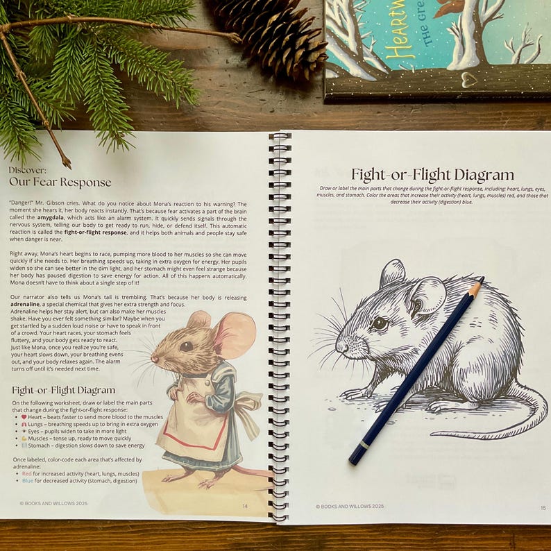 May include: An open book with illustrations and text about the fight-or-flight response. A detailed drawing of a mouse is on the right page, with a dark blue pencil resting on the page. The left page has text and a drawing of a mouse wearing an apron.