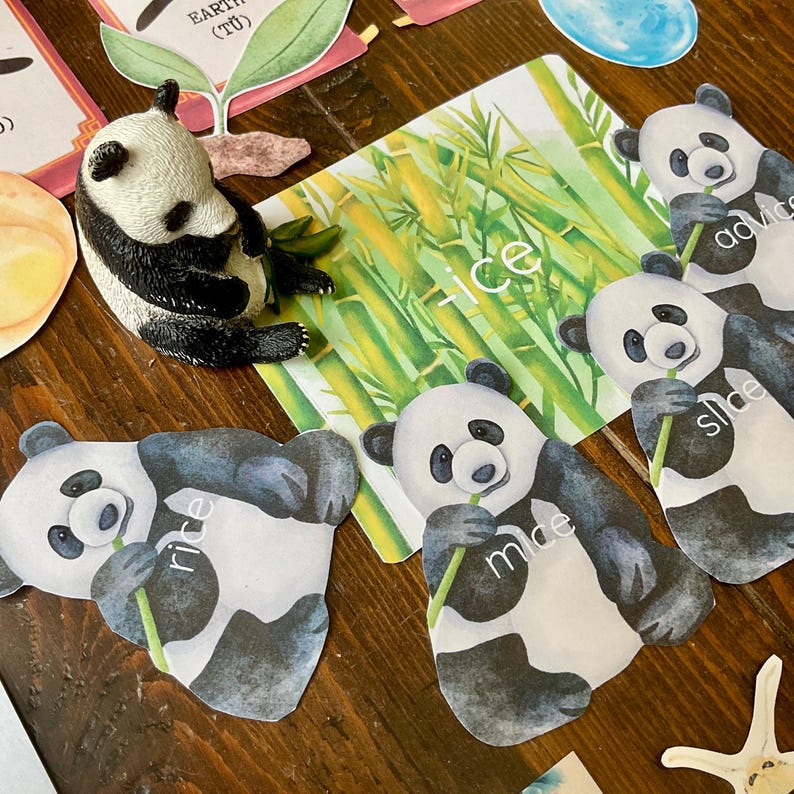 May include: Five black and white panda bear cutouts with bamboo stalks in the background. Each panda is holding a piece of bamboo in its mouth and has a word written below it: "rice", "mice", "slice", "ice", and "advice".