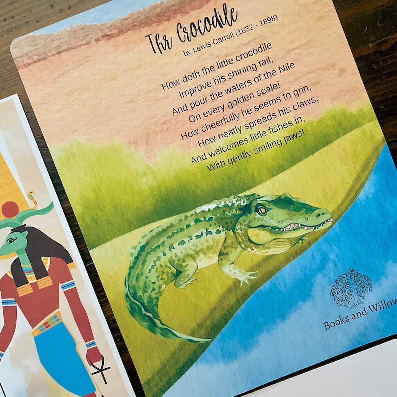 May include: A watercolor illustration of a green crocodile with a toothy grin. The crocodile is swimming in a blue and green river. The text "Thr Crocodile" by Lewis Carroll (1832-1898) is printed above the crocodile. The text "Books and Willow" is printed in the bottom right corner of the image.