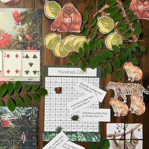 May include: A green and white hundreds chart with colorful animal illustrations and cards with numbers and symbols. The cards have text that says "Find the number that is 5 more than 4." and "Find the number that is 10 less than 74."