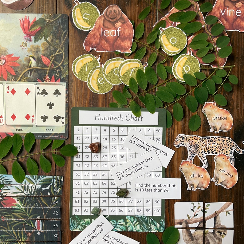 May include: A green and white hundreds chart with colorful animal illustrations and cards with numbers and symbols. The cards have text that says "Find the number that is 5 more than 4." and "Find the number that is 10 less than 74."