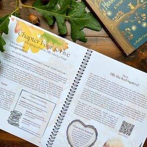 Puede incluir: Un libro abierto con el t&iacute;tulo "Heartwood Hotel" y un cap&iacute;tulo titulado "Cap&iacute;tulo Cuatro y Cinco". El libro est&aacute; rodeado de hojas verdes y bellotas. Las p&aacute;ginas presentan texto e ilustraciones sobre una ardilla roja.