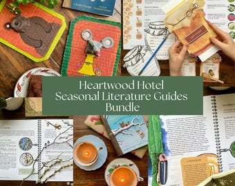 May include: A collection of books, guides, and craft projects related to the "Heartwood Hotel" series. The image features a book, handmade cards with animal designs, open guides, and lit candles in teacups. The text reads "Heartwood Hotel Seasonal Literature Guides Bundle."