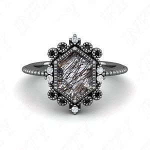 Hexagon 10.00X7.00mm Rutilated Black Quartz Gemstone Black Rhodium 925 Silver Engagement Bridal 14K Gold Wedding Anniversary Ring For Her