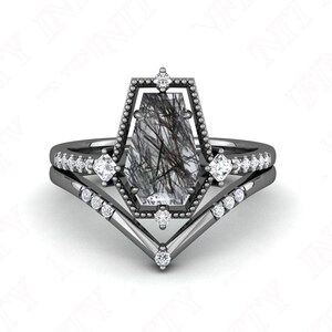 Coffin Rutilated Quartz Engagement Ring Set: Black Rhodium Sterling Silver Bridal