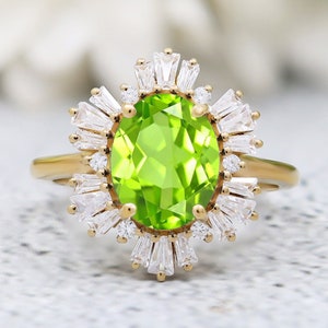 Oval 8.00X6.00MM 14K Yellow Gold Plated Natural Peridot Silver Engagement Ring Bridal Oval Ring Wedding Ring 14K 18K Gold Rings Moissanite