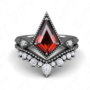 Kite 12.00X8.00 mm Black Rhodium Plated Natural Red Garnet Silver Engagement Bridal Rings For Her Wedding 14K Gold Stack Band Set Gift