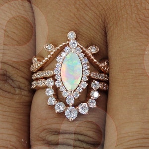 1.05 ctw Marquise Cut 10.00X5.00 mm Rose Gold Plated Ethiopian Opal Silver Engagement Rings Set Bridal Rings Set For Her Wedding Rings