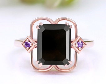 Rosévergulde ring met zwarte onyx: sterlingzilveren art-deco verlovingsring
