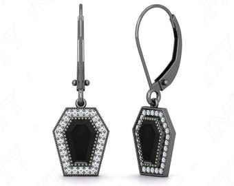 Black Onyx Coffin Earrings: Sterling Silver, Moissanite Halo, Art Deco