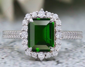 Chrome Diopside Bridal Ring: Octagon Green Gemstone, Sterling Silver