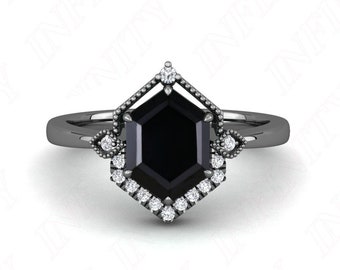 Black Onyx Hexagon Ring, Moissanite Accent, Gothic Silver Engagement Ring