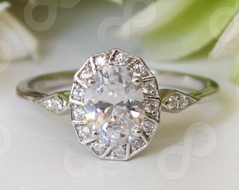 Oval Cut Diamond Simulant Engagement Ring: Sterling Silver Bridal Ring
