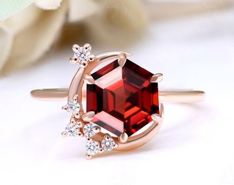 Hexagon 8.00 mm 14K Rose Gold Plated Natural Red Garnet Silver Engagement Bridal Rings For Her Wedding 14K Gold Graduation Birthday Gift