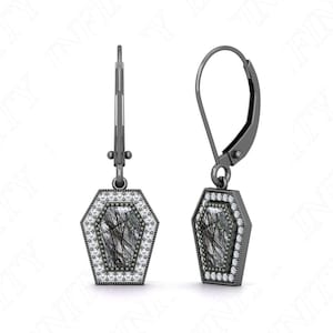 Sterling Silver Black Rhodium Coffin Black Rutile Moissanite Art Deco Lever Back Dangle & Drop Earrings For Her Christmas Halloween Gift