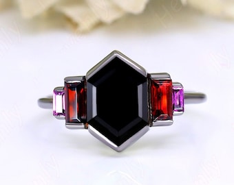 Black Onyx Hexagon Ring: Sterling Silver Gothic Engagement Ring