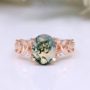 9.00X7.00 mm 14K Rose Gold Plated Natural Moss Agate Silver Engagement Ring Bridal Rings For Her Wedding Agate Gemstone Ring