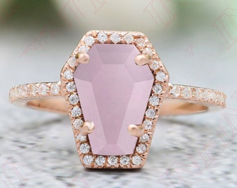 Coffin 10.00X7.00mm Rose Quartz Gemstone 14K Rose gold Plated 925 Silver Engagement Ring Bridal 14K Gold Wedding Coffin Rose Quartz Ring