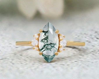 Marquise 10.00X5.00mm Yellow Gold Plated Natural Moss Agate Silver Engagement Ring Bridal Marquise Ring For Her Moss Agate Dainty Rings