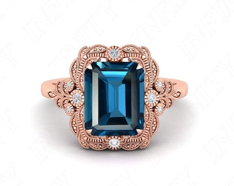 Octagon 9.00X7.00 mm Natural London Blue Topaz 14K Rose Gold Plated Silver Engagement Promise Ring For Her Art Deco Filigree Graduation Gift