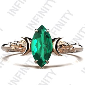 2.35 ctw Marquise Cut 10.00X5.00 mm 14K Rose Gold Plated Emerald Silver Engagement Ring Bridal Wedding Ring Crescent Moon Emerald ring