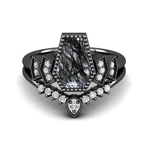 Coffin Rutilated Quartz Ring Set: Black Rhodium Sterling Silver Bridal