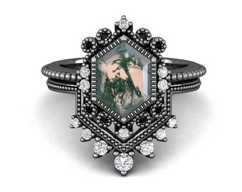 Hexagon 10.00X7.00mm Moss Agate Gemstone Black Rhodium 925 Silver Engagement Bridal 14K Gold Wedding Ring Set Gothic Art Deco Stacking Bands