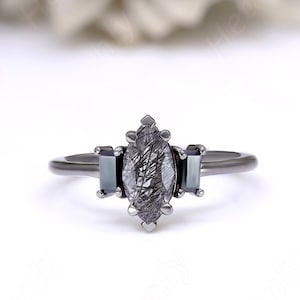 Marquise 10.00X5.00mm Rutilated Black Quartz Gemstone Black Rhodium 925 Silver Engagement Bridal 14K Gold Wedding Anniversary Ring For Her