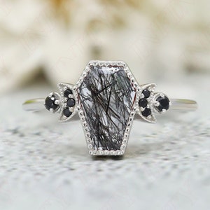 Coffin Rutilated Black Quartz Ring: 925 Silver Engagement Bridal Ring