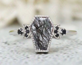 Coffin Rutilated Black Quartz Ring: 925 Silver Engagement Bridal Ring
