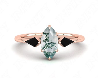 Marquise 10.00X5.00mm 14K Rose Gold Plated Natural Moss Agate Silver Engagement Bridal Ring For Her Promise Statement Casual Rings For Women