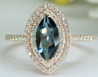 2.35ctw Marquise 10.00X5.00mm Rose Gold Plated Natural London Blue Topaz Silver Engagement Bridal Ring For Her Wedding LBT Gemstone Ring
