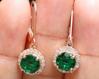 Emerald Dangle & Drop Earring With Lever Back Moissanite Halo Rose Gold Earrings Birthday Anniversary Graduation Gift For Her