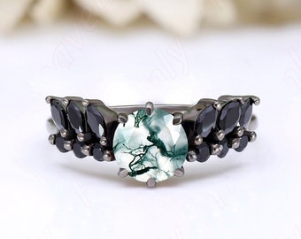 1.76ctw Round 7.00mm Black Rhodium Plated 925 Sterling Silver Natural Moss Agate Engagement Bridal  Ring 14K 18K Gold Nature Inspired Rings