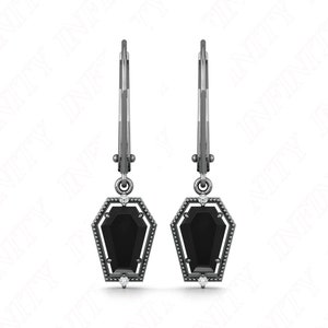 Sterling Silver Black Rhodium Coffin Black Onyx With Moissanite Art Deco Lever Back Earring For Her Christmas Halloween Graduation Gift