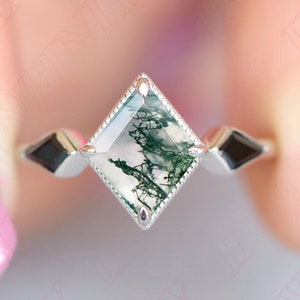 2.96 ctw Kite Diamond 10.00X8.00mm 925 Sterling Silver Natural Moss Agate Engagement Ring Bridal Hexagon Ring 14K 18K Gold Dainty Rings