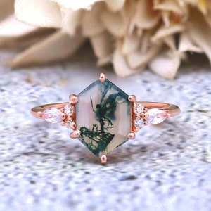 2.86 ctw Hexagon 10.00X7.00mm Rose Gold Plated Natural Moss Agate Silver Engagement Ring Bridal Hexagon Ring For Her Moss Agate Dainty Rings