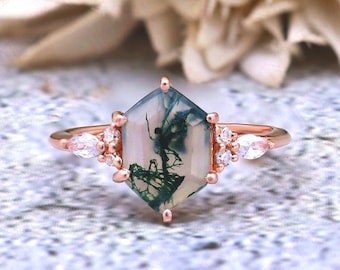 2.86 ctw Hexagon 10.00X7.00mm Rose Gold Plated Natural Moss Agate Silver Engagement Ring Bridal Hexagon Ring For Her Moss Agate Dainty Rings