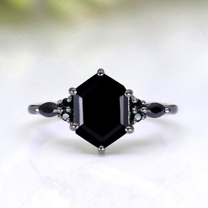 Hexagon Black Onyx Ring: Gothic Sterling Silver Engagement Ring
