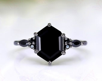 Hexagon Black Onyx Ring: Gothic Sterling Silver Engagement Ring