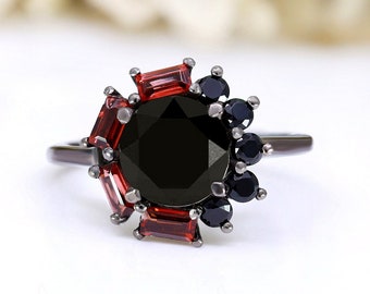 Round 8.00mm Black Onyx GemstoneGemstone Black Rhodium 925 Silver Engagement Bridal  Wedding Ring For Her Baguette Red Garnet Ring