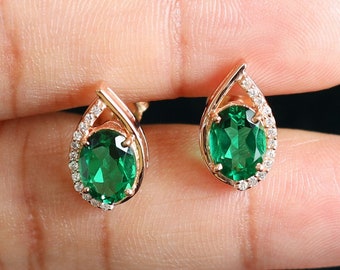 Oval Emerald Stud Earring for Woman 14K Rose Gold Plated Earring for Engagement Love Birthday Anniversary Graduation Gift For Her