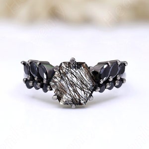 Hexagon 8.00mm Rutilated Black Quartz Gemstone Black Rhodium 925 Silver Engagement Bridal 14K Gold Wedding Anniversary Ring For Her
