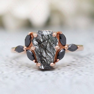 Coffin 10.00X7.00mm Rutilated Black Quartz Gemstone 14K Rose Gold Plated 925 Silver Engagement Ring Bridal Gold Wedding Coffin Quartz Ring