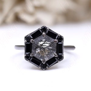Hexagon 8.00mm Rutilated Black Quartz Gemstone Black Rhodium 925 Silver Engagement Bridal 14K Gold Wedding Anniversary Ring For Her
