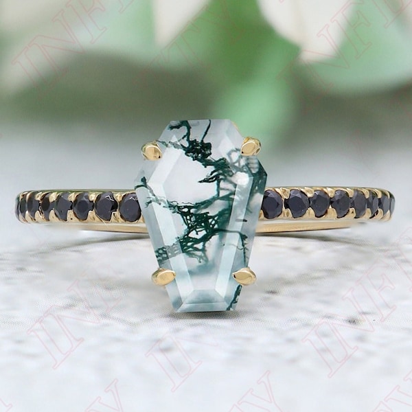 Coffin 10.00X7.00mm Moss Agate Gemstone 14K Yellow Gold Plated 925 Silver Engagement Ring Bridal 14K Gold Wedding Coffin Moss Agate Ring