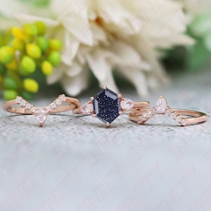 3.13 ctw Hexagon 10.00X7.00 mm Rose Gold Plated Natural Blue Sandstone Silver Engagement Ring Set 14K 18K Gold Sandstone Ring