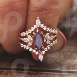 2.25 ctw Marquise Cut 10.00X5.00 mm Rose Gold Plated Alexandrite Silver Engagement Rings Set Bridal Rings Set For Her Wedding Rings Set