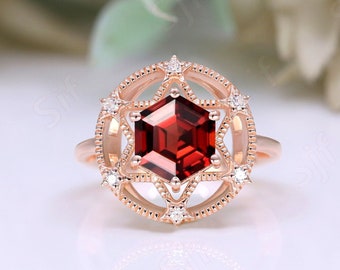 Hexagon 8.00 mm 14K Rose Gold Plated Natural Red Garnet Silver Engagement Bridal Rings For Her Wedding 14K Gold Graduation Birthday Gift