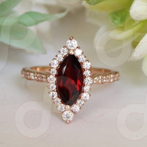 1.25 ctw Marquise Cut 10.00X5.00 mm Rose Gold Plated Natural Red Garnet Silver Engagement Ring Bridal Ring For Her Wedding Red Gemstone Ring